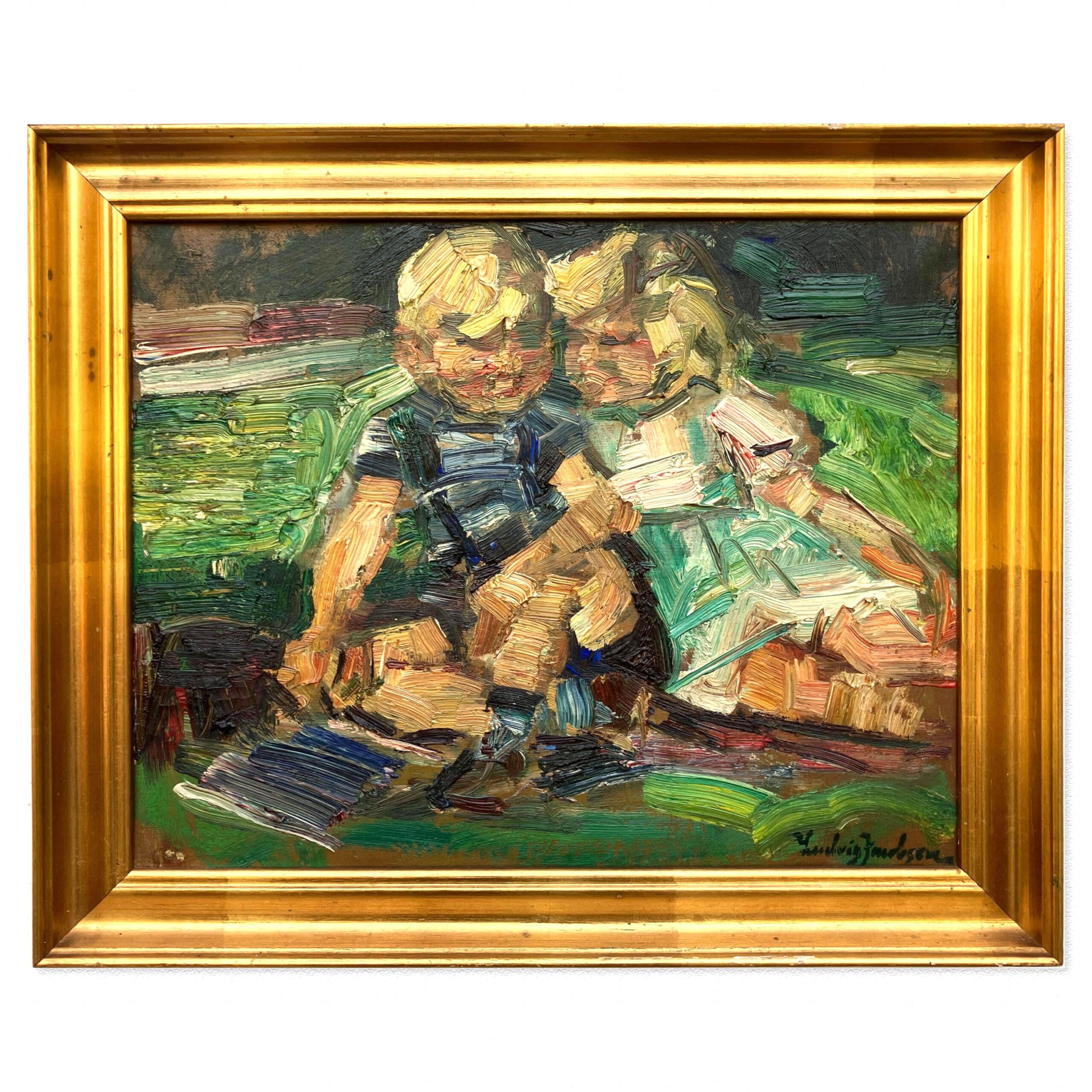 Framed Ludvig Jacobsen Oil Painting: Danish Children in Landscape, Mid-Century Nordic Art