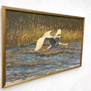 Original Swedish Oil Painting – Flying Swans Over Water – 1947 - Image 4