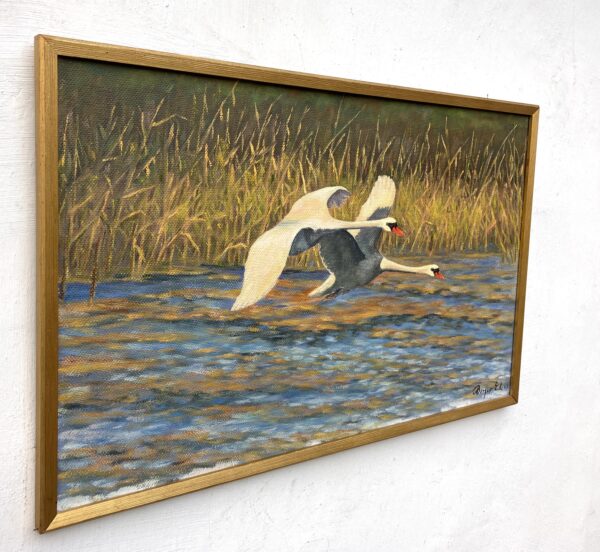 Original Swedish Oil Painting – Flying Swans Over Water – 1947