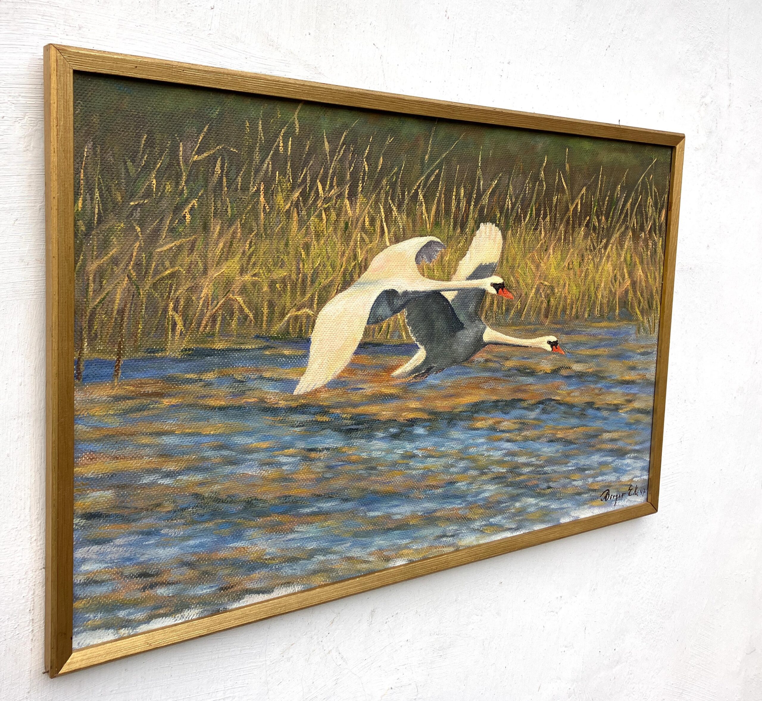 Original Swedish Oil Painting – Flying Swans Over Water – 1947 - Image 4