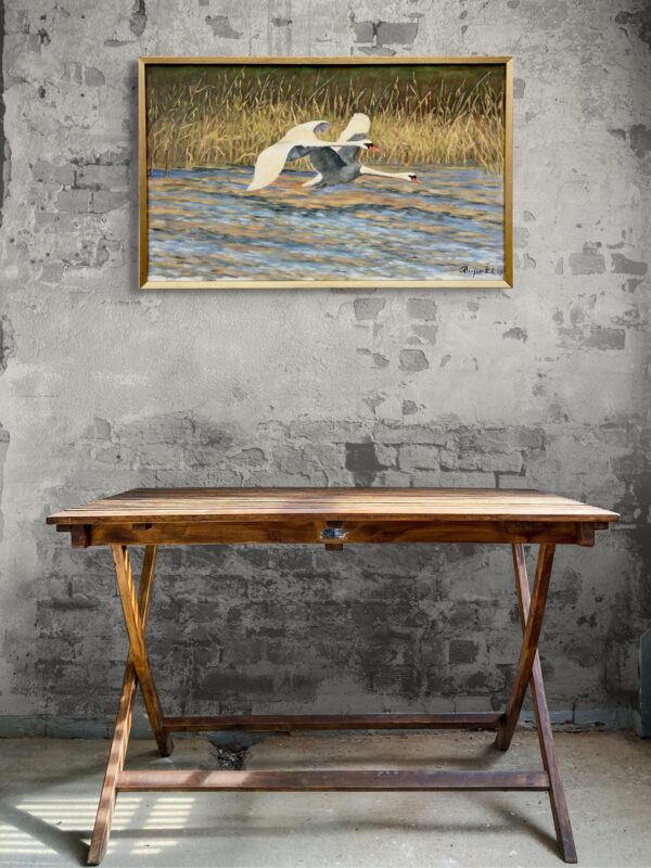 Original Swedish Oil Painting – Flying Swans Over Water – 1947