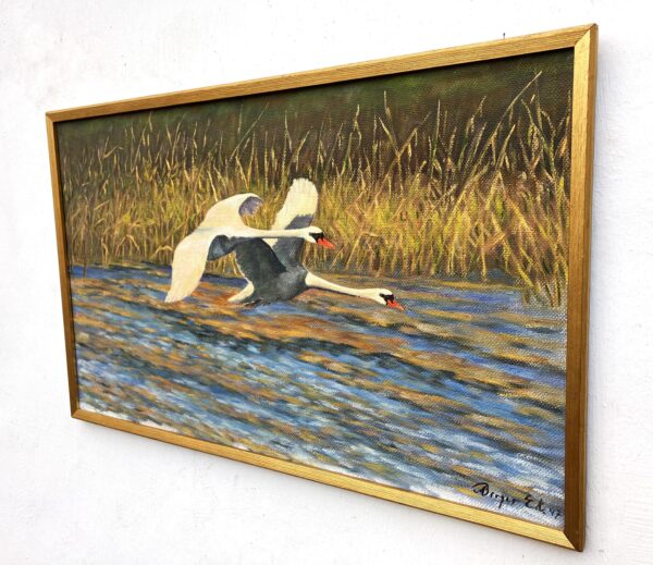 Original Swedish Oil Painting – Flying Swans Over Water – 1947