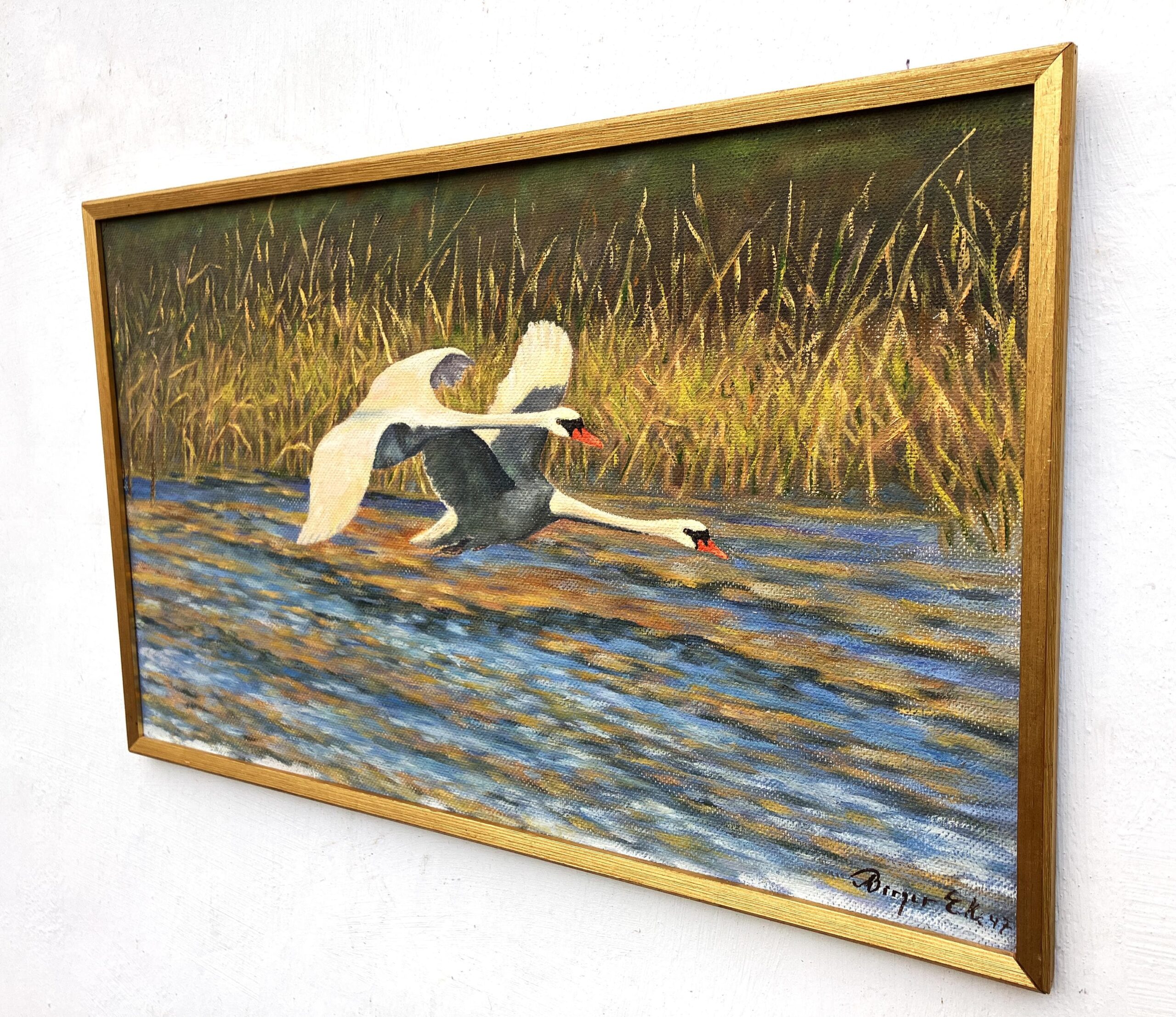 Original Swedish Oil Painting – Flying Swans Over Water – 1947 - Image 5