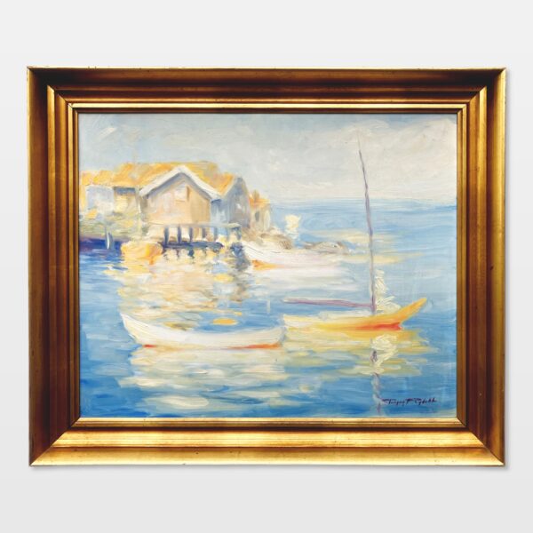 Original Swedish oil painting, Medium coastal sailboats, blue tones, Mid Century impressionist, Scandinavian decor