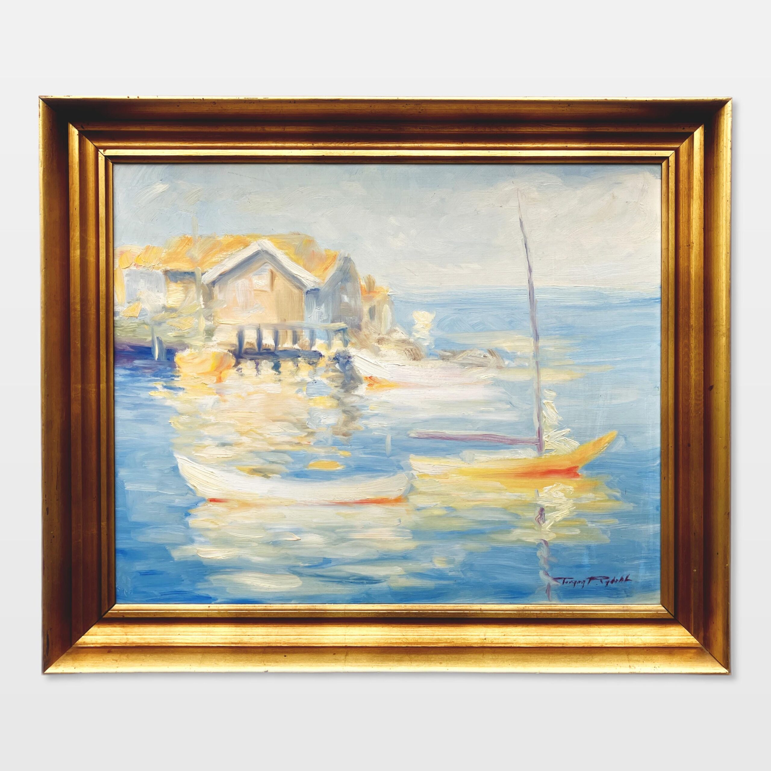 Original Swedish oil painting, Medium coastal sailboats, blue tones, Mid Century impressionist, Scandinavian decor