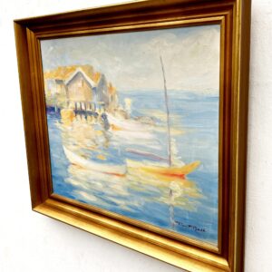 Original Swedish oil painting, Medium coastal sailboats, blue tones, Mid Century impressionist, Scandinavian decor - Image 5