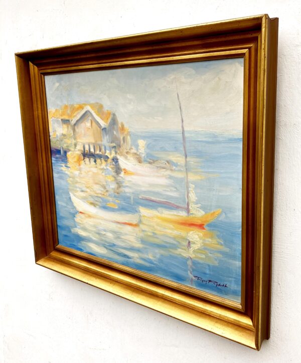 Original Swedish oil painting, Medium coastal sailboats, blue tones, Mid Century impressionist, Scandinavian decor