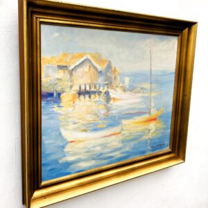 Original Swedish oil painting, Medium coastal sailboats, blue tones, Mid Century impressionist, Scandinavian decor - Image 4