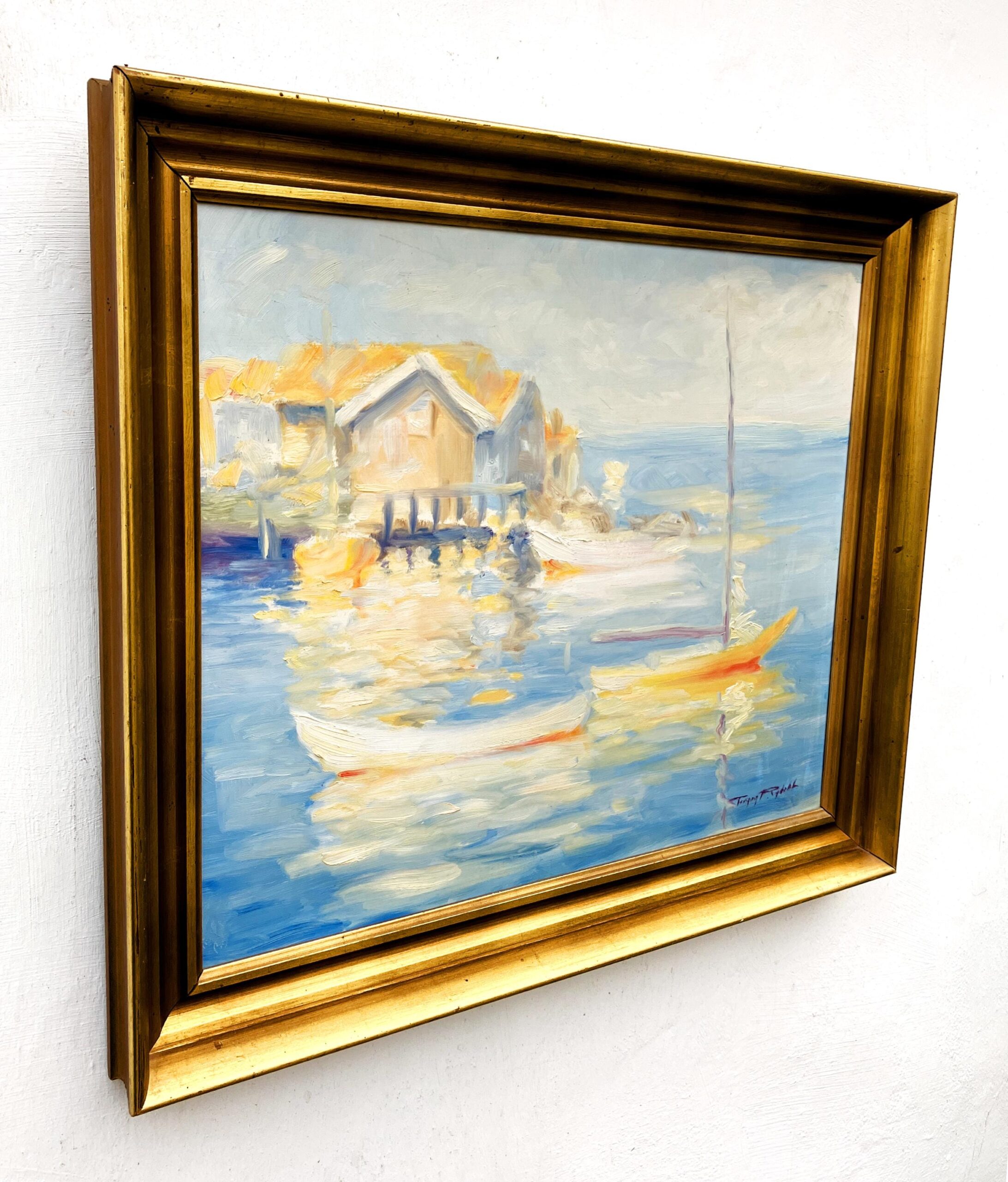 Original Swedish oil painting, Medium coastal sailboats, blue tones, Mid Century impressionist, Scandinavian decor - Image 4