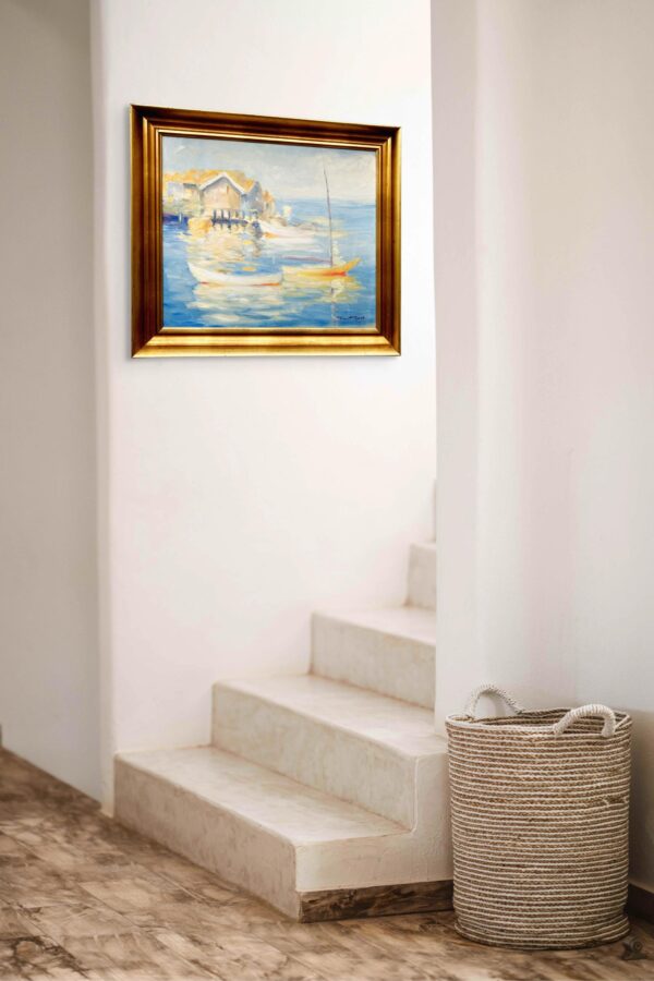 Original Swedish oil painting, Medium coastal sailboats, blue tones, Mid Century impressionist, Scandinavian decor
