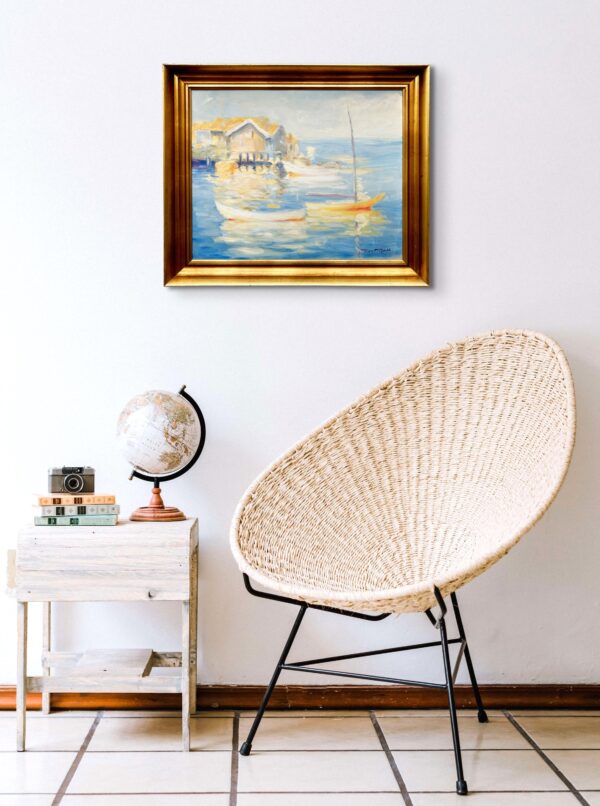 Original Swedish oil painting, Medium coastal sailboats, blue tones, Mid Century impressionist, Scandinavian decor