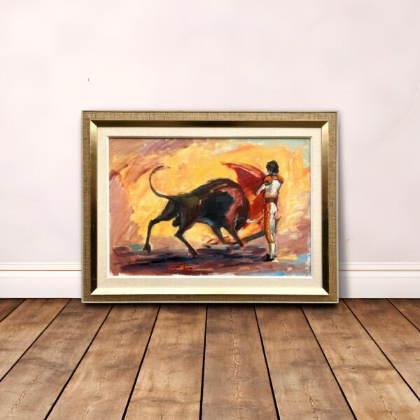 Spanish Bullfight Scene, Large Vintage Oil Painting, European Decor