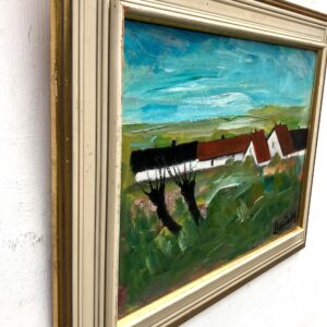 Original Swedish oil painting, Medium village landscape farmhouses, Mid Century modernist, Scandinavian decor - Image 4