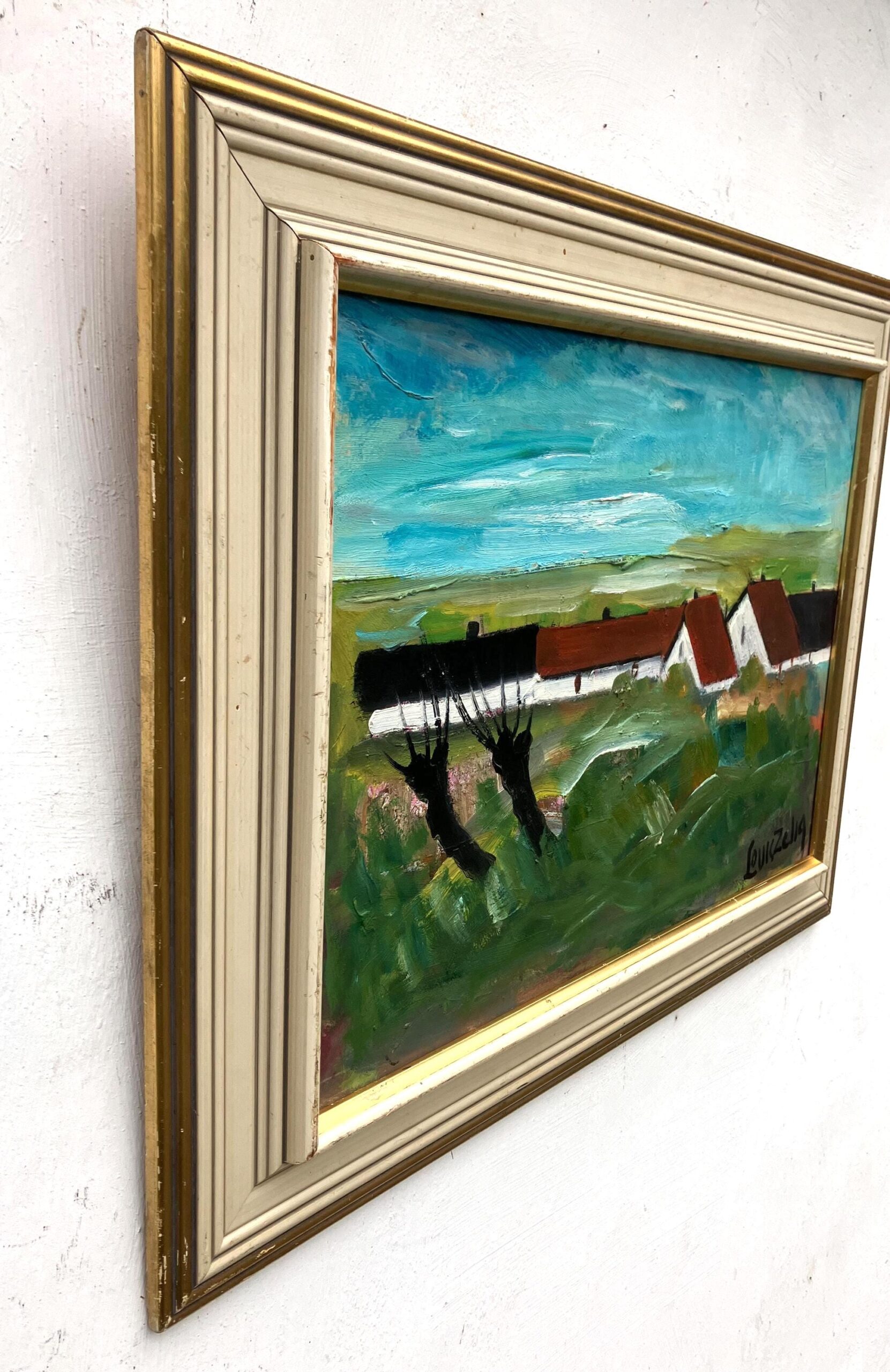 Original Swedish oil painting, Medium village landscape farmhouses, Mid Century modernist, Scandinavian decor - Image 4