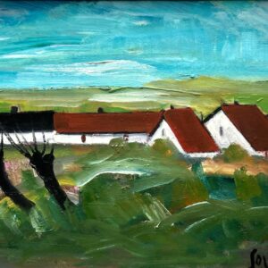 Original Swedish oil painting, Medium village landscape farmhouses, Mid Century modernist, Scandinavian decor - Image 6