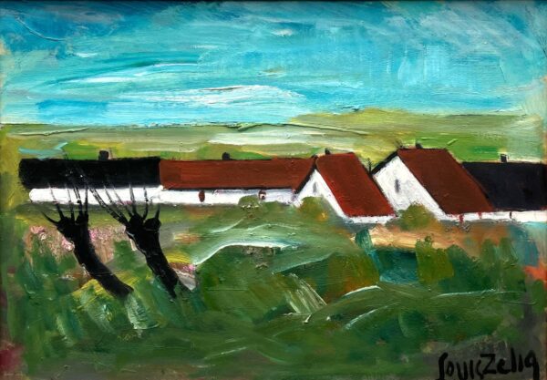 Original Swedish oil painting, Medium village landscape farmhouses, Mid Century modernist, Scandinavian decor