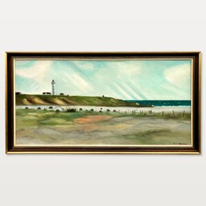 Original Danish oil painting, Large panoramic lighthouse coastal Hirtshals, Mid Century modernist, Scandinavian decor