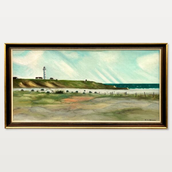 Original Danish oil painting, Large panoramic lighthouse coastal Hirtshals, Mid Century modernist, Scandinavian decor