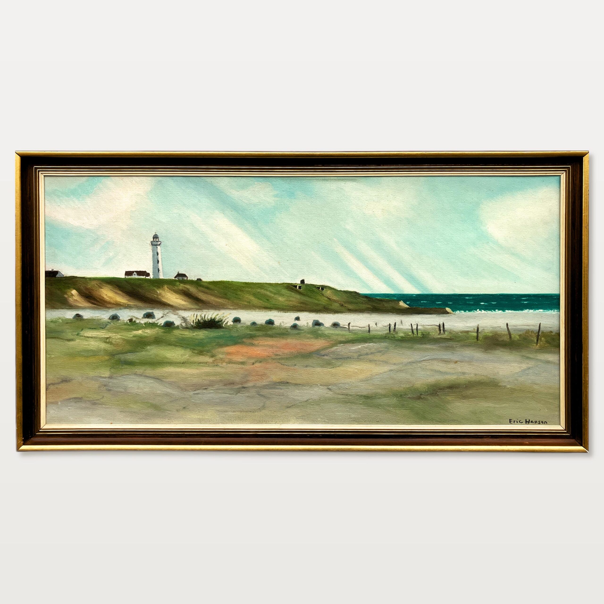 Original Danish oil painting, Large panoramic lighthouse coastal Hirtshals, Mid Century modernist, Scandinavian decor