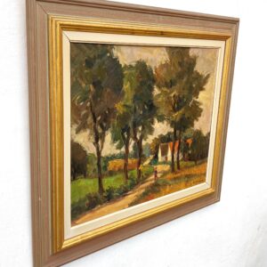 Original Swedish oil painting, Rural landscape road trees house, Mid Century impressionist, Scandinavian decor - Image 5