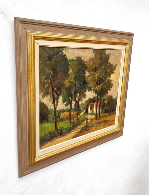 Original Swedish oil painting, Rural landscape road trees house, Mid Century impressionist, Scandinavian decor
