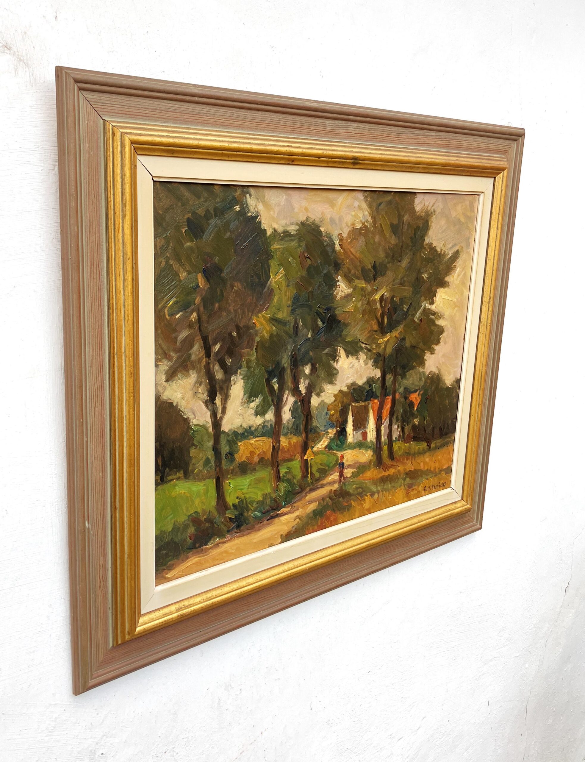 Original Swedish oil painting, Rural landscape road trees house, Mid Century impressionist, Scandinavian decor - Image 5