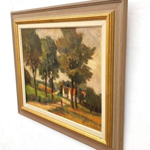 Original Swedish oil painting, Rural landscape road trees house, Mid Century impressionist, Scandinavian decor - Image 6