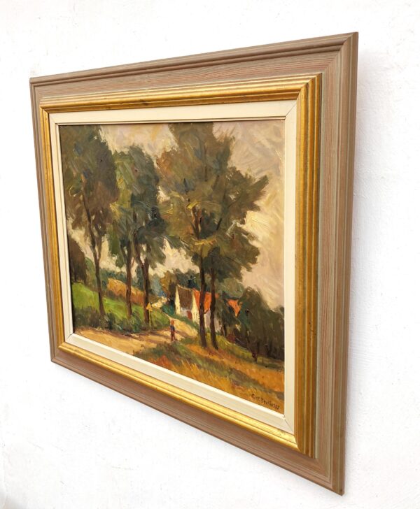 Original Swedish oil painting, Rural landscape road trees house, Mid Century impressionist, Scandinavian decor