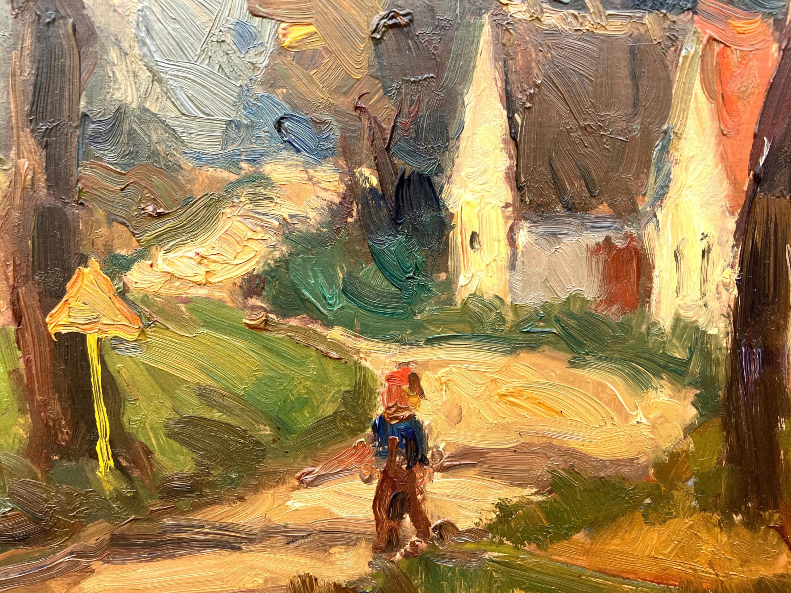 Original Swedish oil painting, Rural landscape road trees house, Mid Century impressionist, Scandinavian decor - Image 9