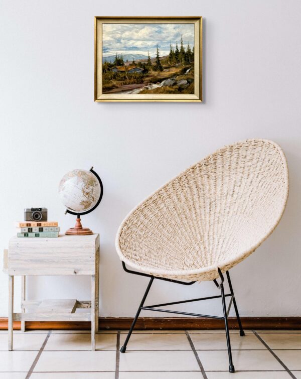 Vintage Swedish landscape painting with cottage, oil on board, 1930s