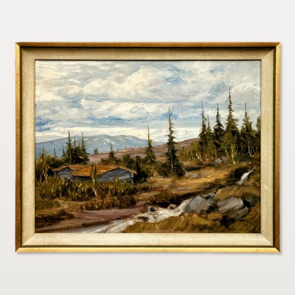 Vintage Swedish landscape painting with cottage, oil on board, 1930s