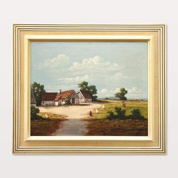 Original Swedish Oil Painting - Rustic Chicken Farm Scene - Scandinavian Mid Century Decor