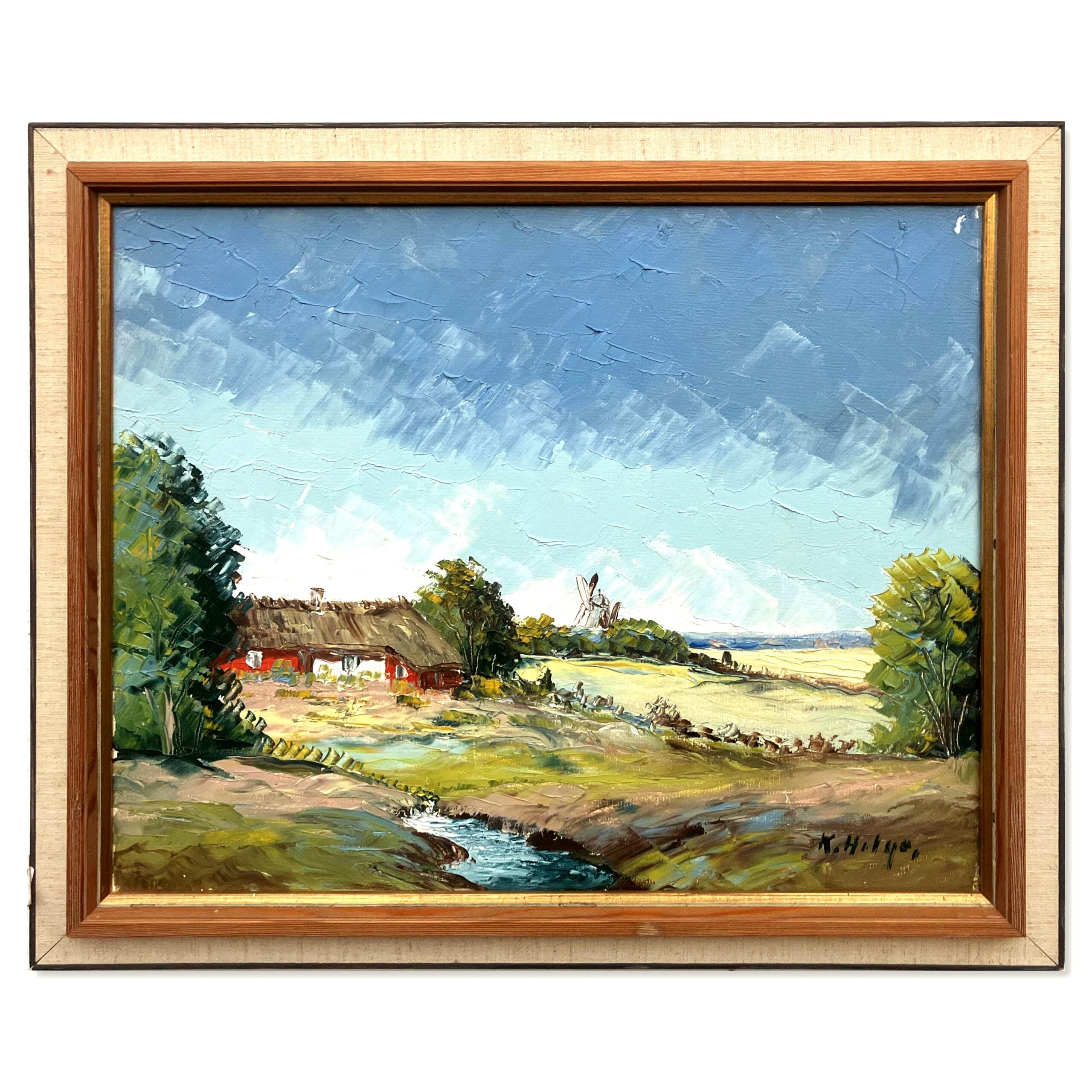 Vintage Oil Painting – Swedish Landscape with Farmhouse and Windmill, Scandinavian  Original artwork - Image 1
