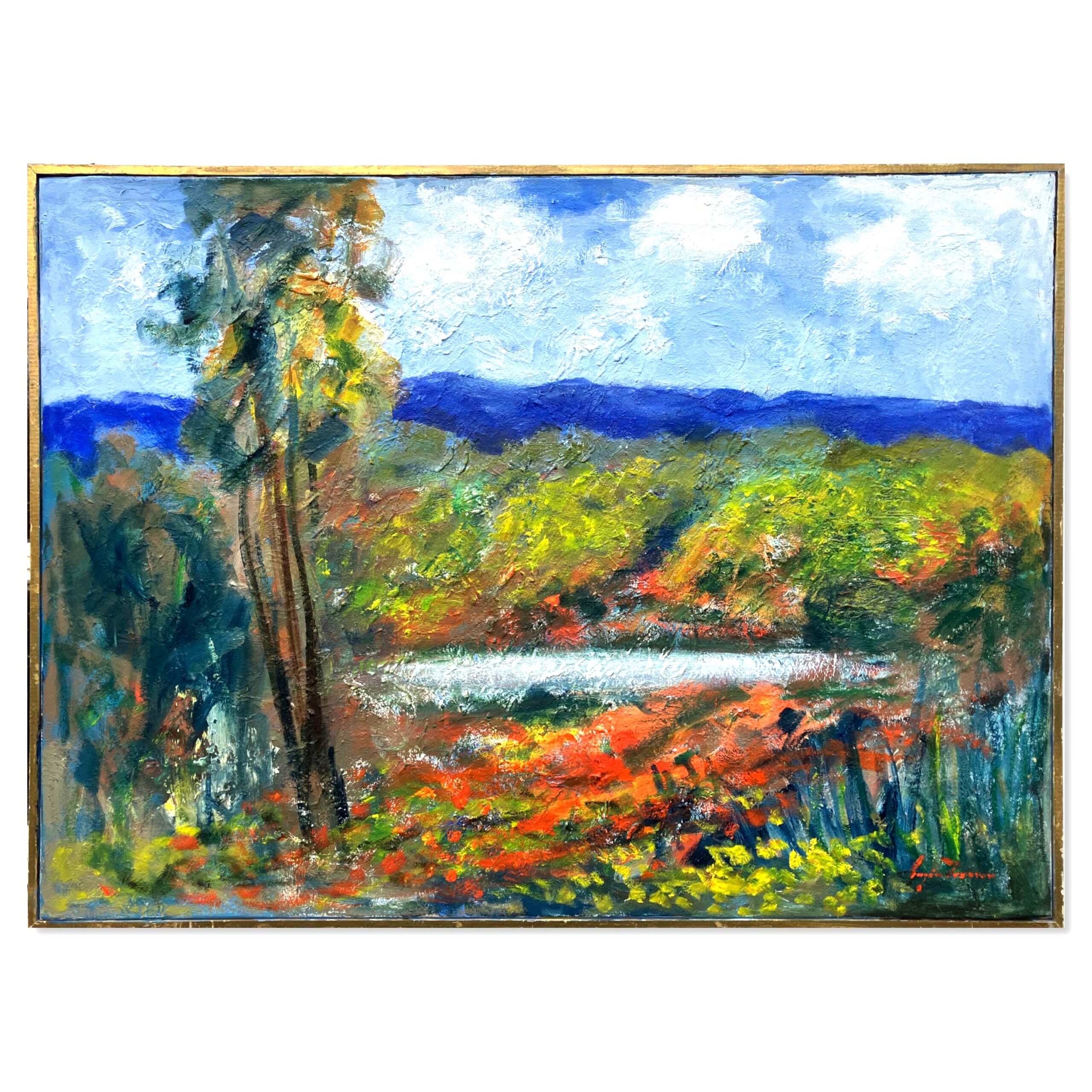Large Vintage Scandinavian Oil Painting: Colorful Forest Landscape with Mountains an Lake,  Original Artwork