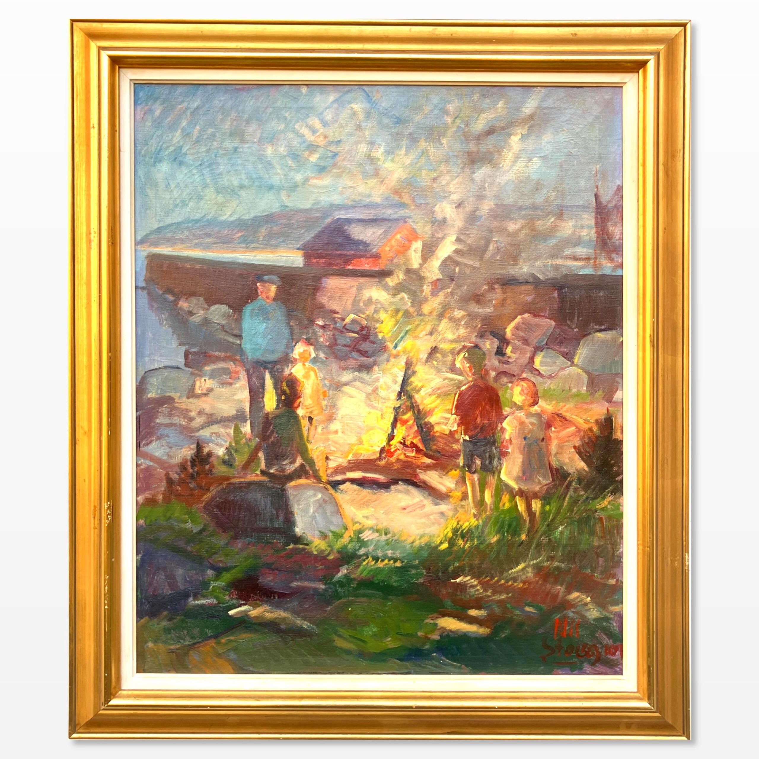 Nis Stougaard Coastal Bonfire Scene Oil Painting Mid-Century Danish Landscape - Image 1