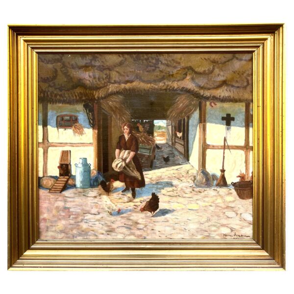 Vintage Impressionist Oil Painting: Danish Farm Scene, Woman and Chickens