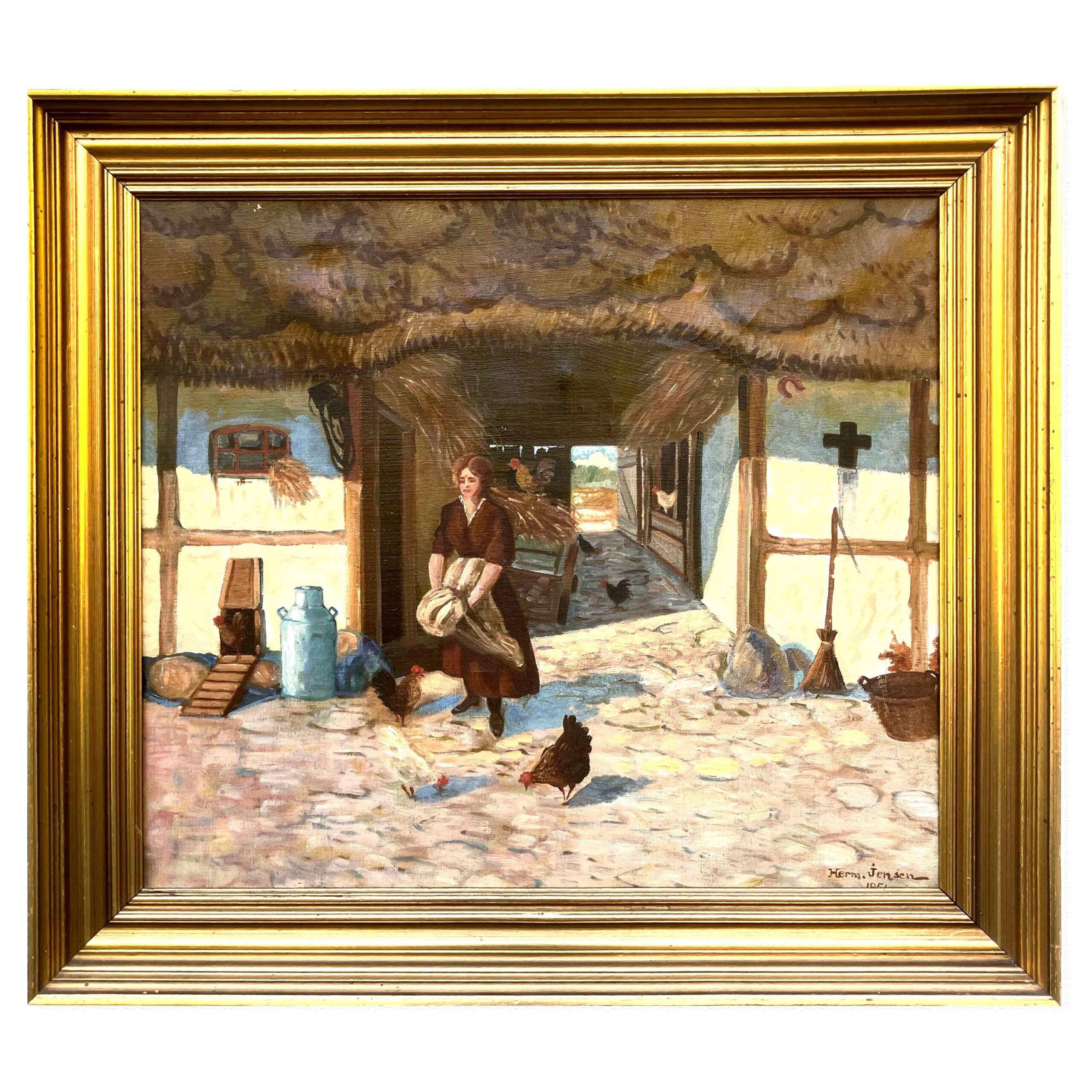 Vintage Impressionist Oil Painting: Danish Farm Scene, Woman and Chickens - Image 1