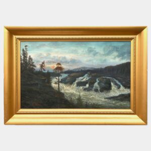Large Vintage Swedish Landscape Oil Painting: Nordic Waterfall, Golden Frame