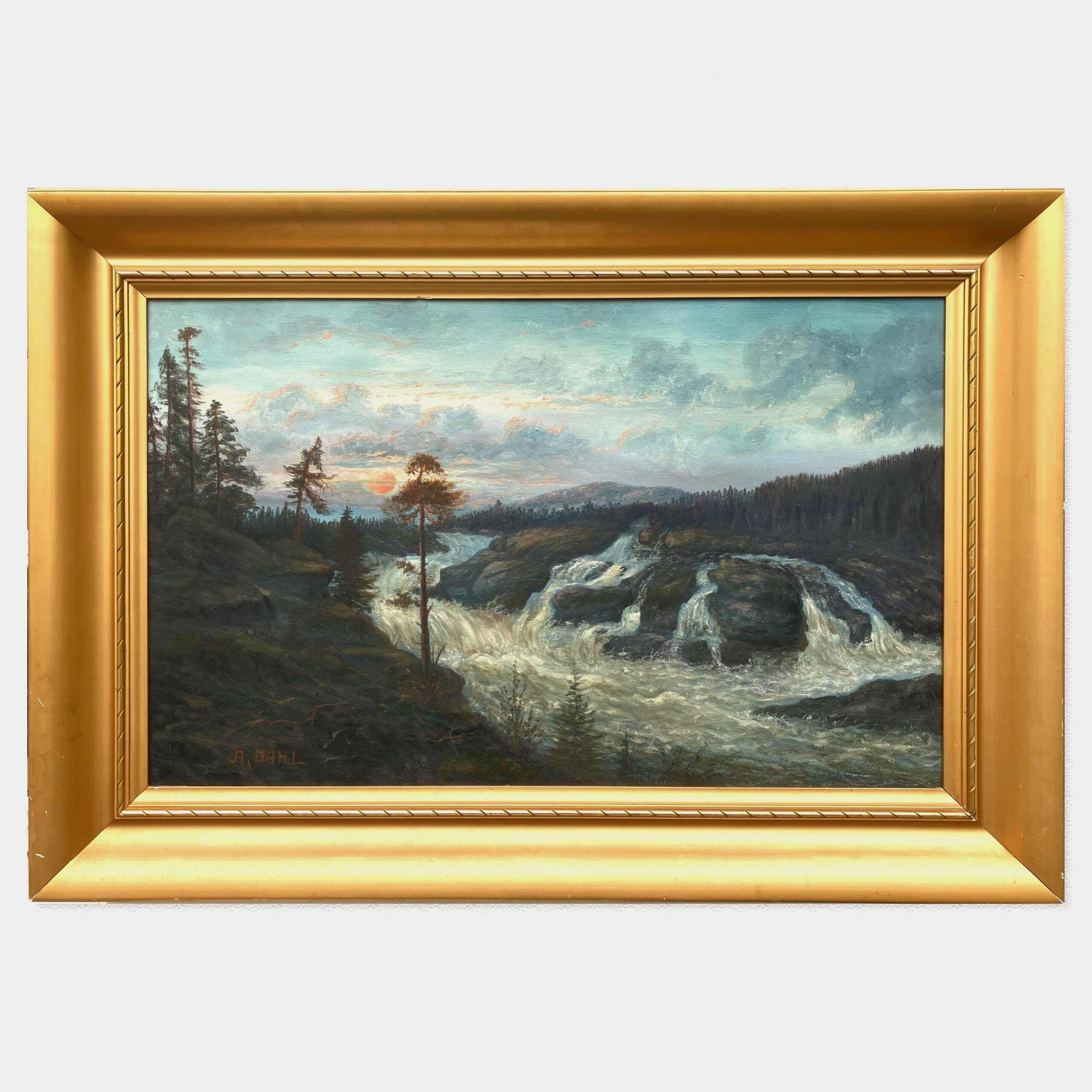 Large Vintage Swedish Landscape Oil Painting: Nordic Waterfall, Golden Frame - Image 1