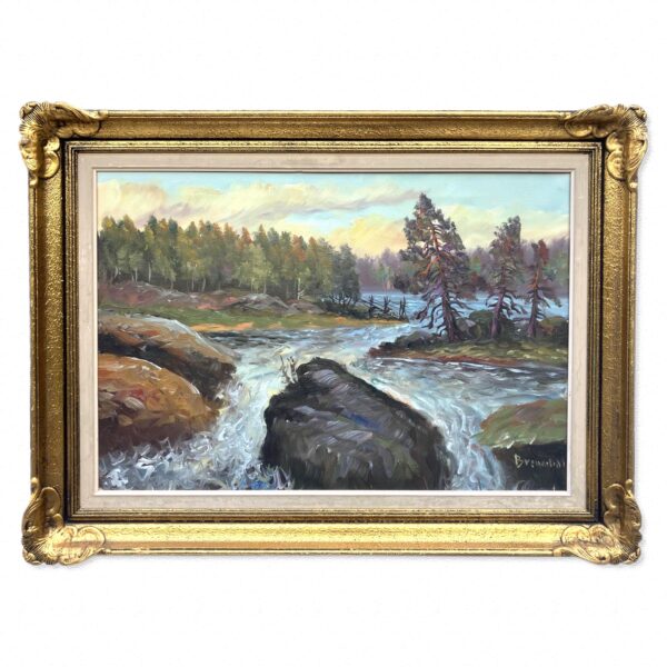 Vintage Swedish Impressionist Oil Painting: Forest Waterfall Landscape, Framed Nordic Art