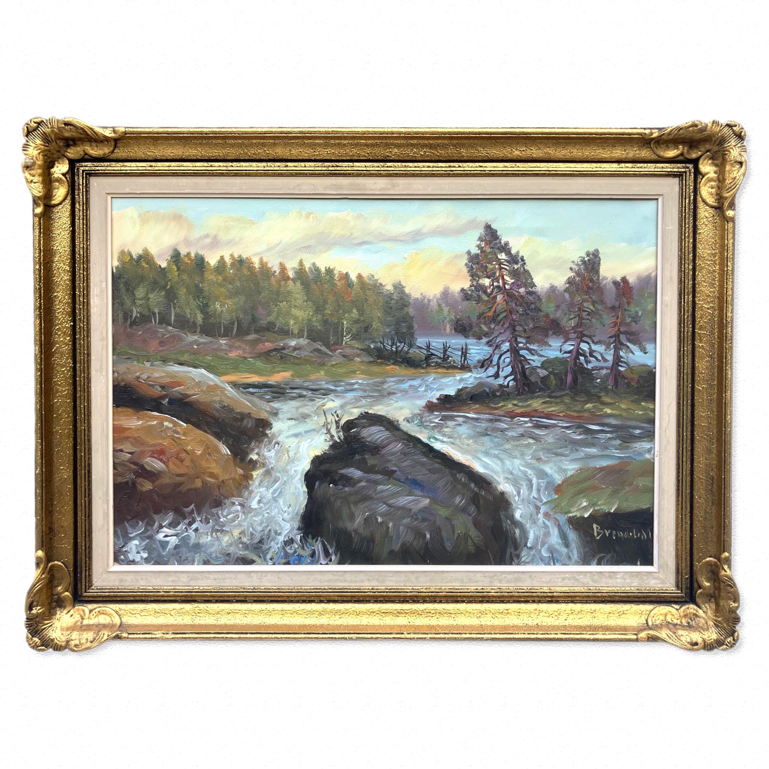 Vintage Swedish Impressionist Oil Painting: Forest Waterfall Landscape, Framed Nordic Art