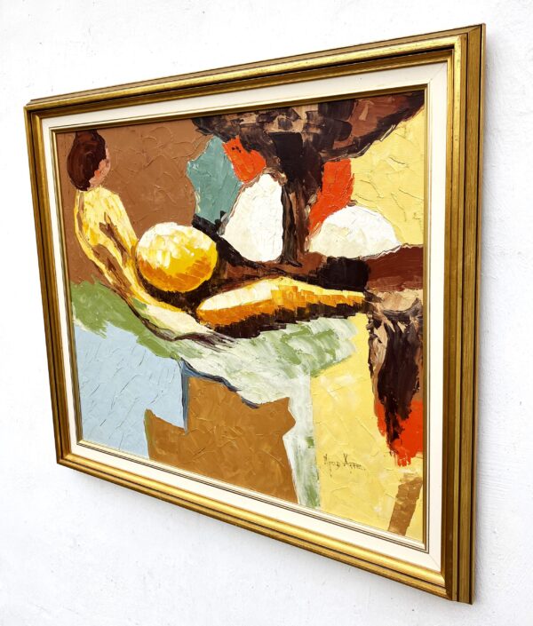 Original oil painting, abstract reclining figure, Scandinavian modern, textured wall art