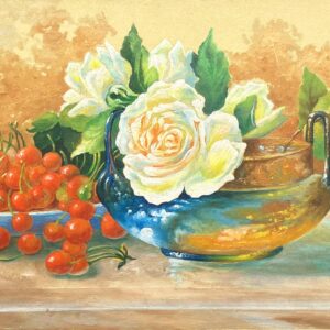 Roses and Cherries Still Life Painting, Antique Danish Oil Painting, Cottage Decor - Image 5