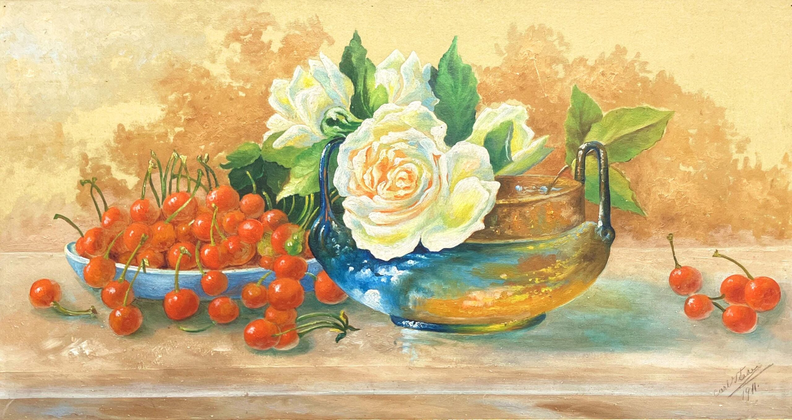 Roses and Cherries Still Life Painting, Antique Danish Oil Painting, Cottage Decor - Image 5