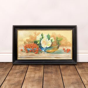 Roses and Cherries Still Life Painting, Antique Danish Oil Painting, Cottage Decor - Image 2