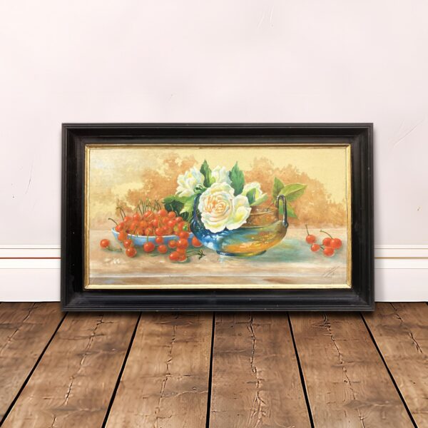 Roses and Cherries Still Life Painting, Antique Danish Oil Painting, Cottage Decor