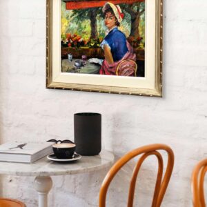 Original oil painting, elegant woman cafe scene, mid century style, Paris decor art - Image 4