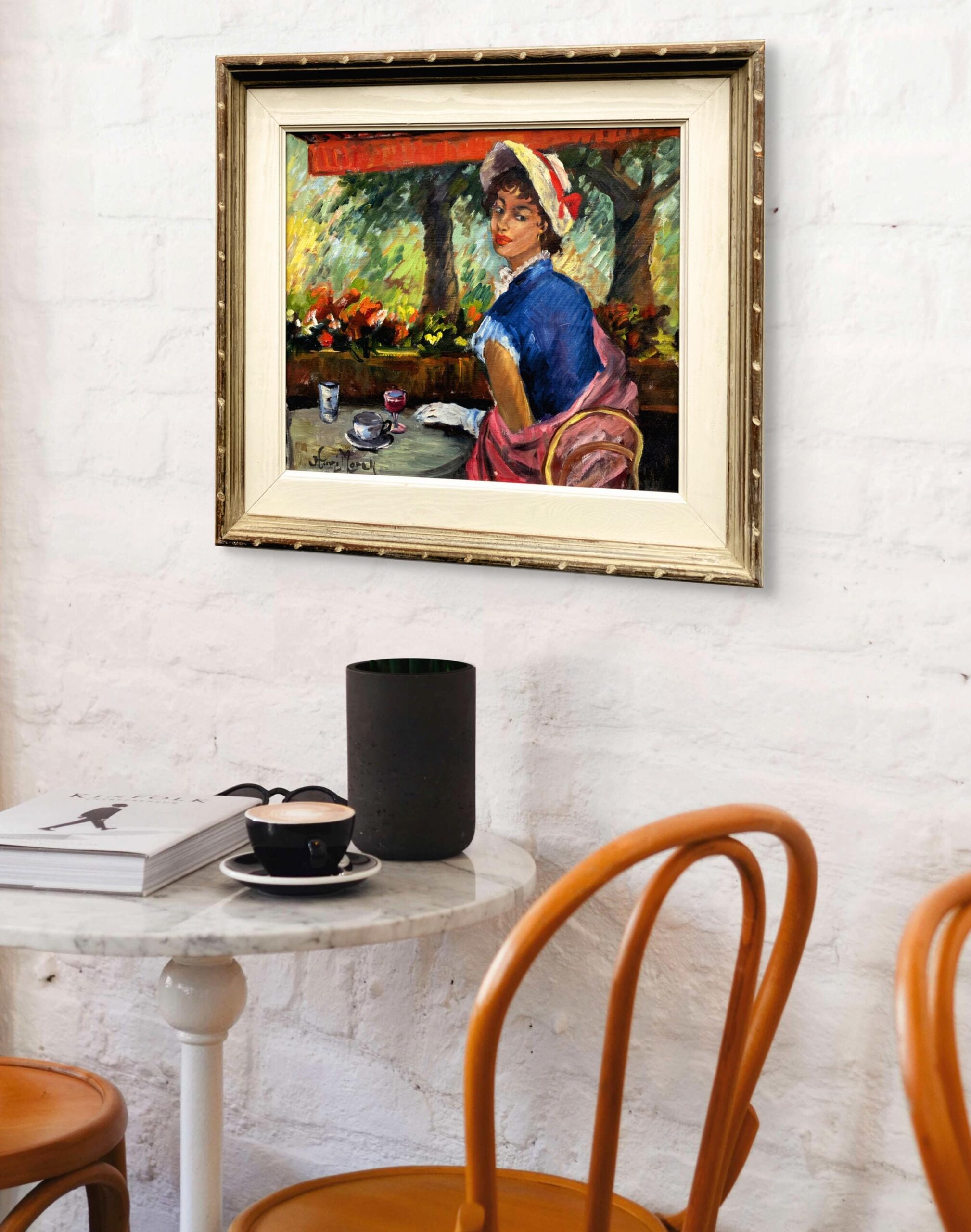 Original oil painting, elegant woman cafe scene, mid century style, Paris decor art - Image 4
