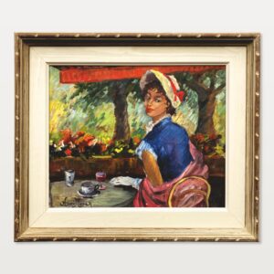 Original oil painting, elegant woman cafe scene, mid century style, Paris decor art