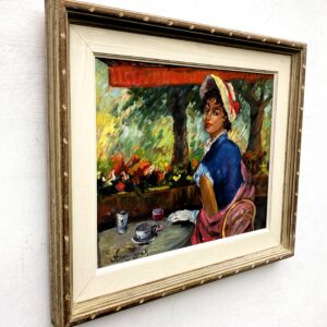 Original oil painting, elegant woman cafe scene, mid century style, Paris decor art - Image 5